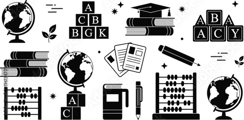 Education Icon Set Featuring Books Globe Abacus Alphabet Blocks and School Supplies Silhouette Collection for Learning Classroom Teaching and Academic Design