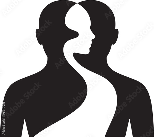 Two profiles, one black silhouette revealing white profile of another person inside