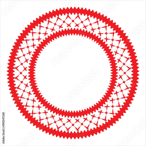 Red geometric mandala circle pattern abstract radial symmetric ring design on light background.