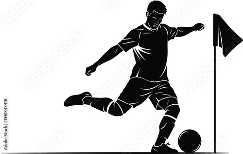 Soccer player kicking ball near corner flag
