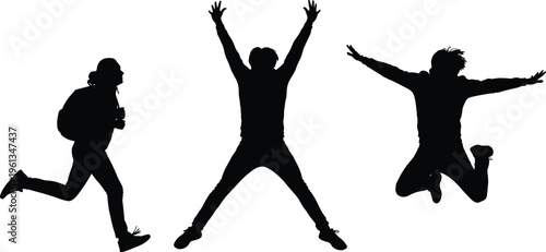 Three black silhouettes of people jumping and running on white background