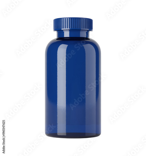 Dark blue plastic bottle with cap on container isolated on a transparent background