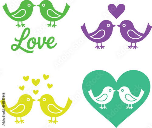 Colorful illustration of birds expressing love and affection in various styles