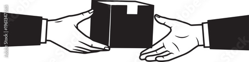 Delivery box between two hands, giving or receiving package, business transaction concept