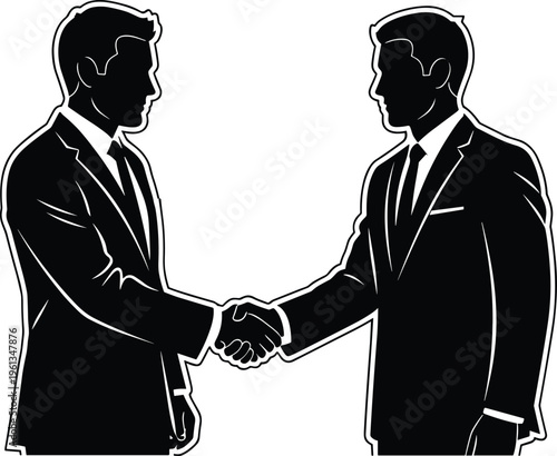 Two businessmen shaking hands in black silhouette handshake suits white background