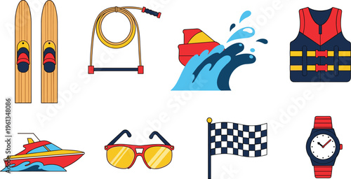 Water Sports Equipment Set with Water Skis Tow Rope Life Jacket Speedboat Sunglasses Flag and Watch Vector Illustration