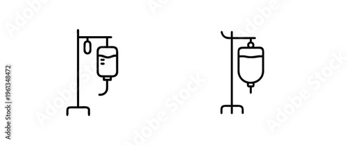 IV saline and medical outline icon set featuring intravenous drip bag, blood infusion, medical pole, hospital treatment, and more vector illustration on editable stroke