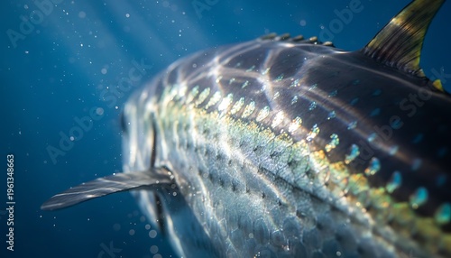 Close-up of tuna scales reflecting sunlight underwater