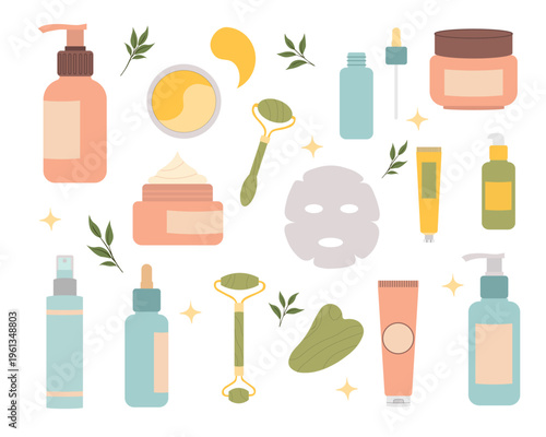 Vector illustration of a set of cosmetics, makeup, and skincare products. Beauty salon and home care concept.