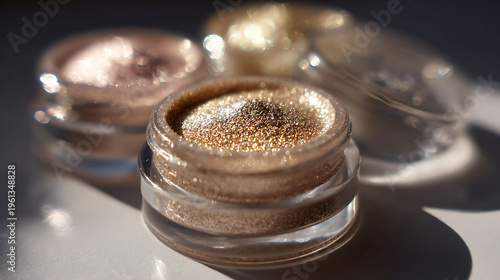 Wallpaper Mural Close-up of glitter cosmetic pigments in small pots, showcasing sparkling textures and light reflections for beauty product advertising Torontodigital.ca