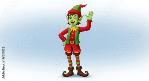 Cheerful Christmas Elf Character Waving Hand with a Friendly Smile on Light Blue Gradient Background, Happy Holiday Helper Elf Saying Hello