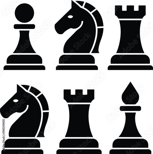 Black chess pieces arranged in a unique formation on a plain background