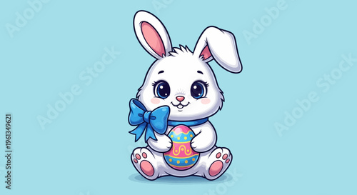 Cute Cartoon Baby Bunny Sitting and Holding a Colorful Easter Egg on a Bright Blue Background