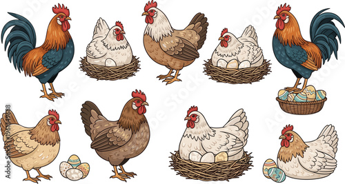 Farm Animal Icon Set Featuring Roosters, Hens, and Chicks with Eggs for Easter, Spring, and Farmyard Designs