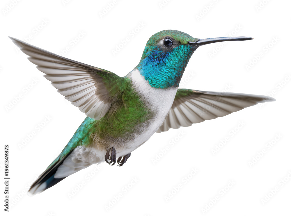 Fototapeta premium Isolated vibrant blue-throated hummingbird in flight, wings spread, dynamic action, beautiful bird