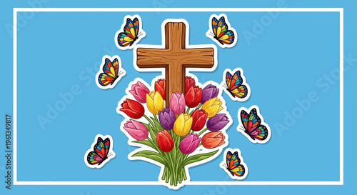 Easter Celebration with Wooden Cross, Vibrant Tulips Bouquet, and Flying Butterflies on Bright Blue Background