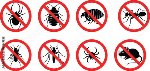 Anti insect prohibition signs collection featuring mosquito fly spider and beetle silhouettes for pest control services hygiene safety branding and professional vector illustrations