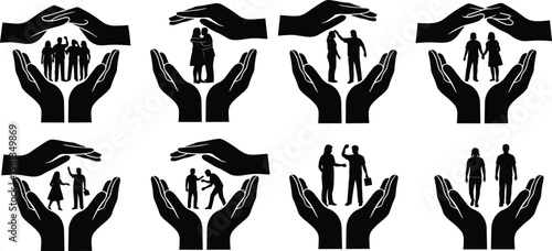 Black silhouette collection of hands protecting families and couples for life insurance concepts security safety care social support and professional financial vector illustrations