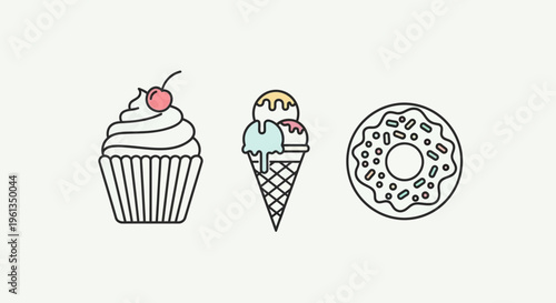 hand drawn dessert icons including cupcake ice cream cone and donut