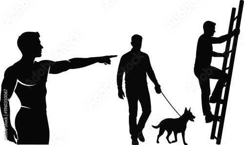 Silhouette of men and dog in unusual scenario