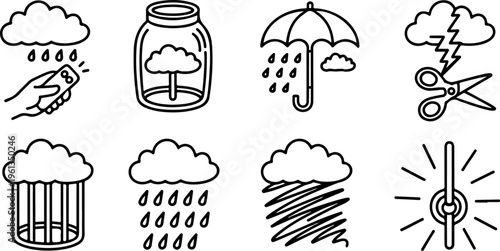Weather control and cloud management icons illustrating climate manipulation and storm protection concepts.
