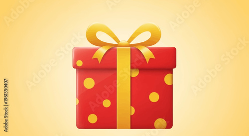 Festive red gift box adorned with yellow polka dots and a bright yellow ribbon, perfect for a joyful surprise, set on a warm gradient yellow background.