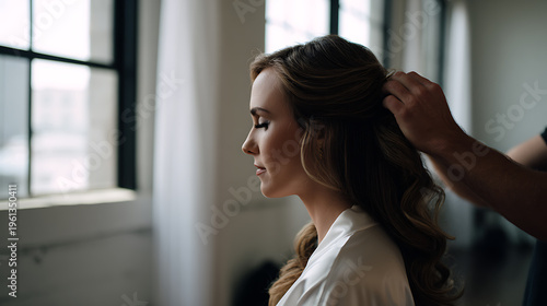 Free Download Woman receive hair style treatment in soft light, preparation moment before significant event, elegant hairstyle creation process - GFXLoad