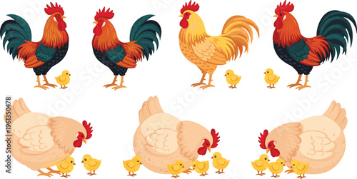 Farm Animal Icon Set Featuring Roosters, Hens, and Chicks for Spring, Easter, and Farmyard Graphic Designs