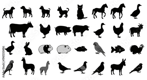 Extensive collection of diverse animal silhouettes, including farm animals, pets, and wildlife, presented on an isolated white background.