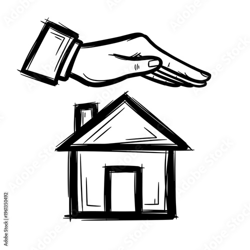 Housing protection concept hand over house home security property safety social support sketch vector illustration