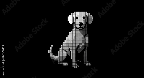 Adorable pixel art dog, resembling a retriever, sitting calmly on a solid black background, in a retro digital style.