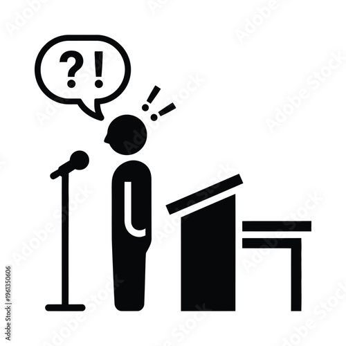 Confused speaker at a podium with a question mark thought bubble