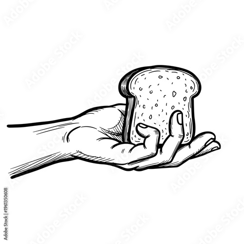 Hunger poverty concept hand holding small piece of bread food shortage starvation and survival social issue vector illustration