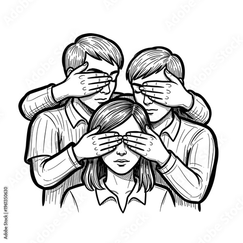 Social pressure censorship concept people covering woman eyes information control manipulation and lack of freedom vector illustration