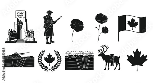 Remembrance day imagery Vimy Ridge poppies and canadian symbols in black and white