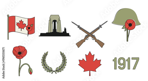 Remembrance day symbols canadian flag poppies war memorial and military items