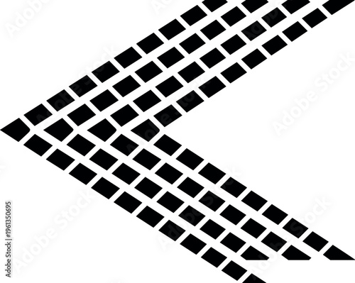 Geometric arrow composed of small square patterns pointing leftward