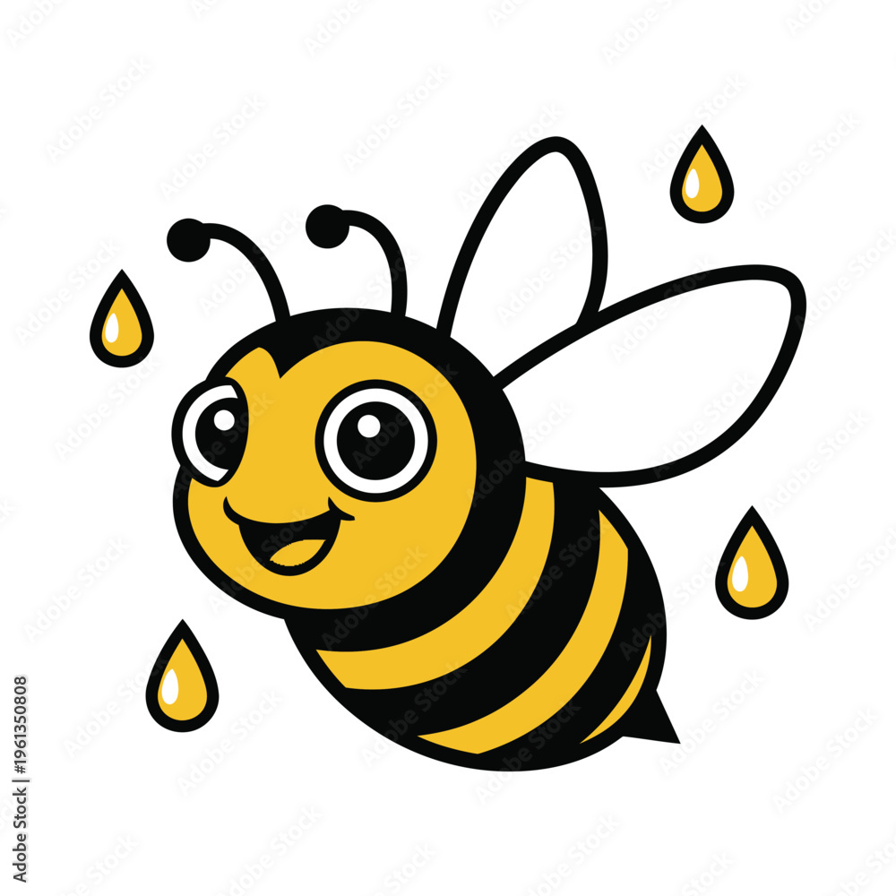 Obraz premium A cheerful cartoon bee with dripping water droplets around it