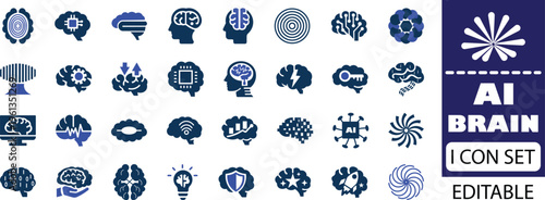 AI brain icon set - solid icon collection vector illustration design. AI is the technology that enables machines to think, learn, and solve problems like humans, transforming how we live and work.
