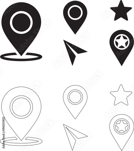  Map and navigation icons. Set of vector marker symbols for web, apps, and UI design on white background..eps