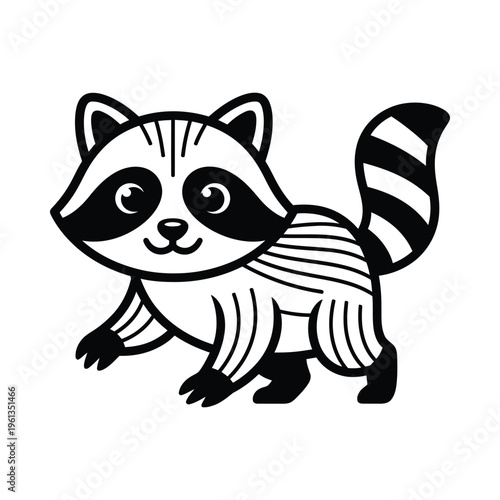 A playful cartoon raccoon standing upright with striped tail and bushy tail