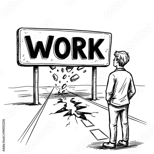 Work life balance crisis concept broken road and work sign barrier stress burnout career obstacle vector illustration
