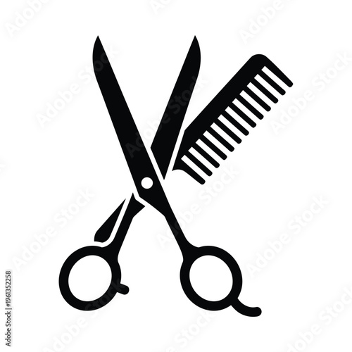 Black and white illustration of barber scissors and comb