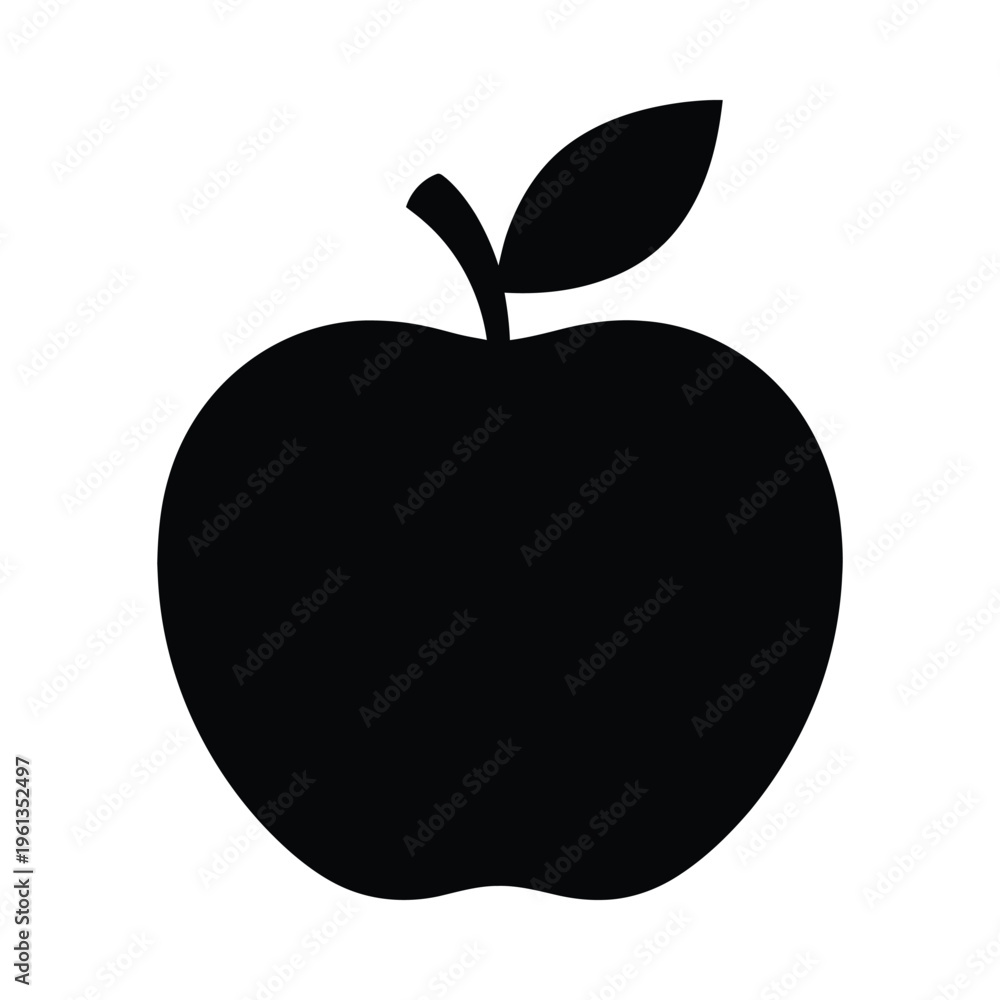 Fototapeta premium Simple black and white illustration of an apple with a leaf on top