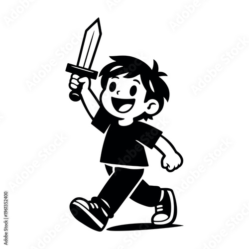 Boy walking, raising a sword with a cheerful expression, playing and imagining an adventure, embodying joy and bravery