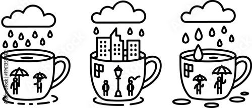 Cityscape inside cup with rain representing urban blues and city life problems outline flat vector illustration.