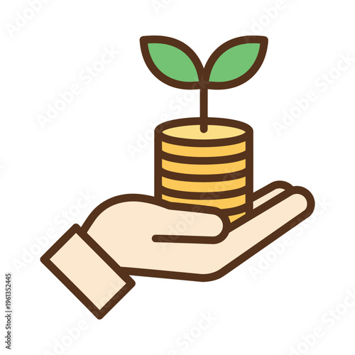 A hand holding a stack of coins with a sprouting plant on top symbolizing growth and investment.