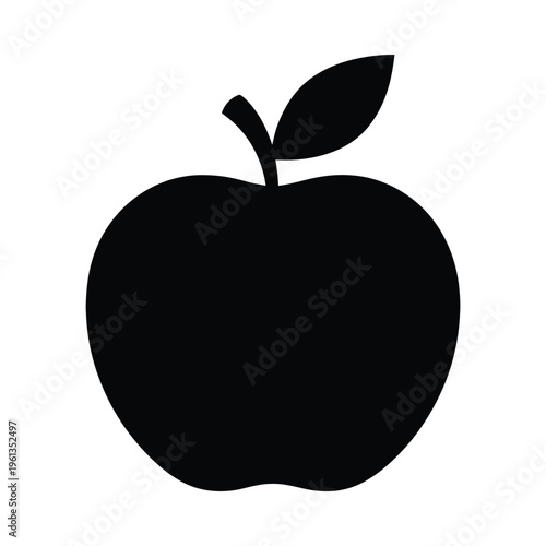 Simple black and white illustration of an apple with a leaf on top
