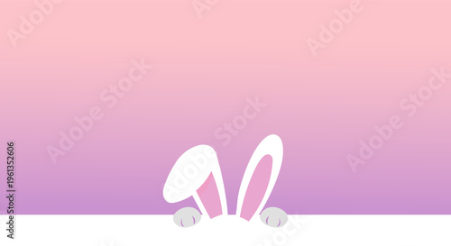 Cute bunny ears and paws peek over a white surface with pink and purple gradient