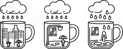 Cityscape inside cup with rain representing urban blues and city life problems outline flat vector illustration.